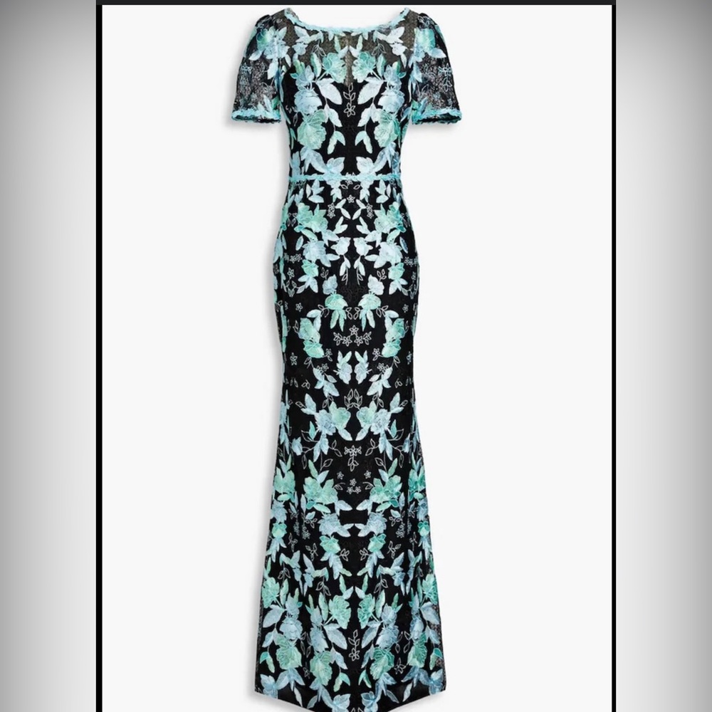 Marchesa Notte Short Sleeve Embroidered Column Gown Black Tie Lace